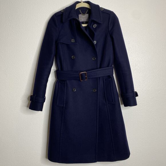 J. Crew Icon Trench Coat Wool Cashmere Navy Winter‎ Classic Nello Gori Size 00 - Picture 1 of 6